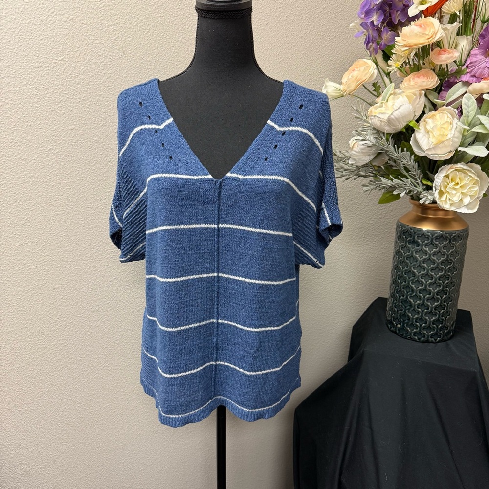APT.9 Blue Striped Knit V-Neck Short Sleeve Sweater Top L Coastal Casual